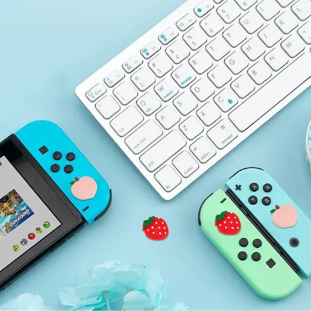 Alt view image 4 of 7 - 4Pcs Peach Strawberry Thumb Grips Fruit Soft Silicon Joystick Button Caps Analog Joy Stick Cover Compatible with Switch OLED Lite Console for Controller Red Pink