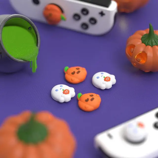 Alt view image 3 of 7 - Halloween Joystick Caps for Nintendo Switch, Thumbstick Grips for Switch Lite, Analog Cover for OLED Joycon Thumb Grip Caps - Spooky Ghost with Pumpkin
