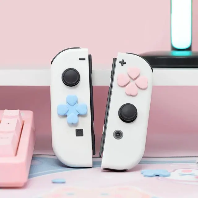 Alt view image 5 of 5 - Silicone Cross D-Pad Button Caps Set Heart Shape Joystick Cover - ABXY Key Buttons Sticker Compatible with Switch/OLED Joy-Con - Pink & Blue