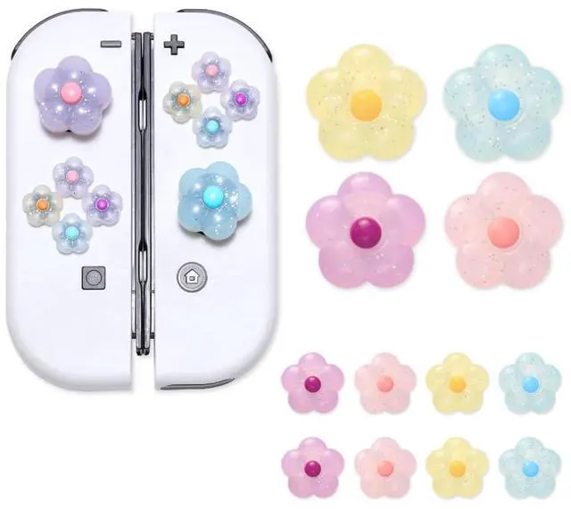 Main image of Glitter Flower D-Pad Button Caps Silicone Thumb Grips Set, Cute ABXY Key Buttons Sticker Joystick Cover Caps Compatible with Nintendo Switch/Switch OLED