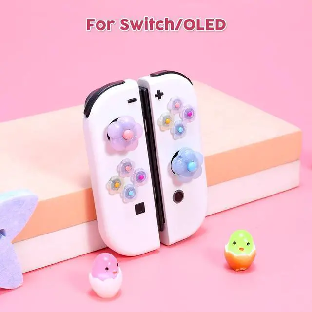 Alt view image 2 of 7 - Glitter Flower D-Pad Button Caps Silicone Thumb Grips Set, Cute ABXY Key Buttons Sticker Joystick Cover Caps Compatible with Nintendo Switch/Switch OLED