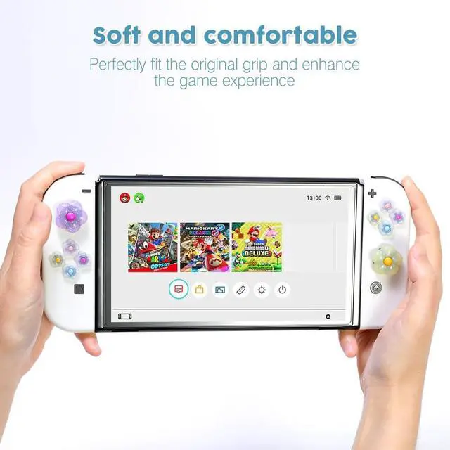 Alt view image 4 of 7 - Glitter Flower D-Pad Button Caps Silicone Thumb Grips Set, Cute ABXY Key Buttons Sticker Joystick Cover Caps Compatible with Nintendo Switch/Switch OLED