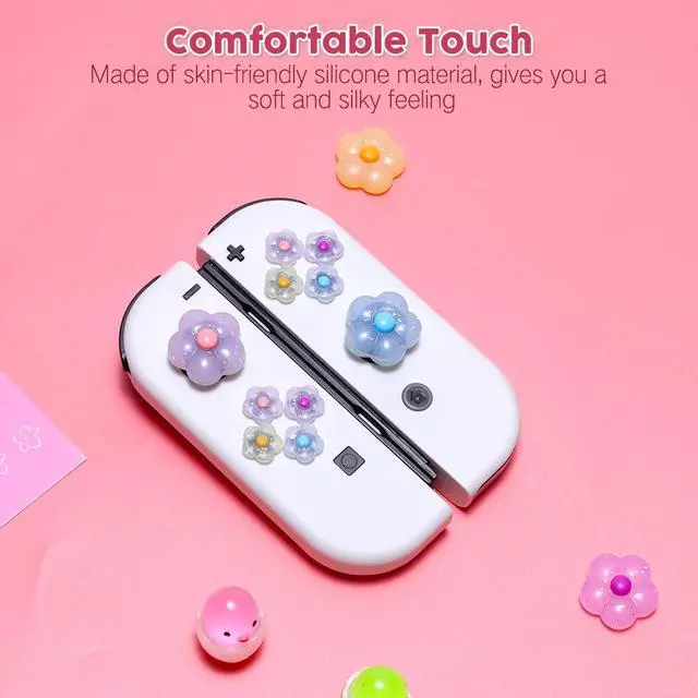 Alt view image 5 of 7 - Glitter Flower D-Pad Button Caps Silicone Thumb Grips Set, Cute ABXY Key Buttons Sticker Joystick Cover Caps Compatible with Nintendo Switch/Switch OLED