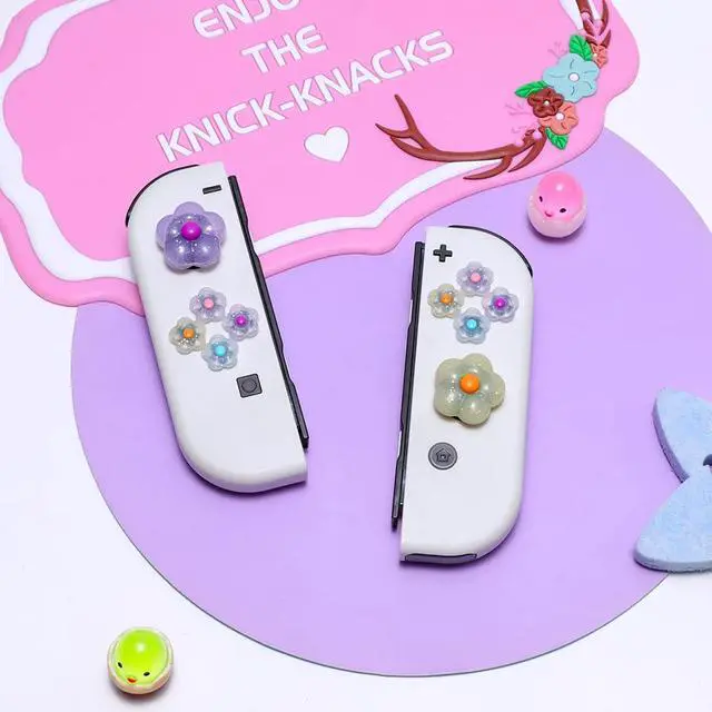 Alt view image 6 of 7 - Glitter Flower D-Pad Button Caps Silicone Thumb Grips Set, Cute ABXY Key Buttons Sticker Joystick Cover Caps Compatible with Nintendo Switch/Switch OLED