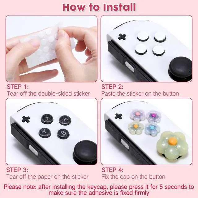 Alt view image 7 of 7 - Glitter Flower D-Pad Button Caps Silicone Thumb Grips Set, Cute ABXY Key Buttons Sticker Joystick Cover Caps Compatible with Nintendo Switch/Switch OLED