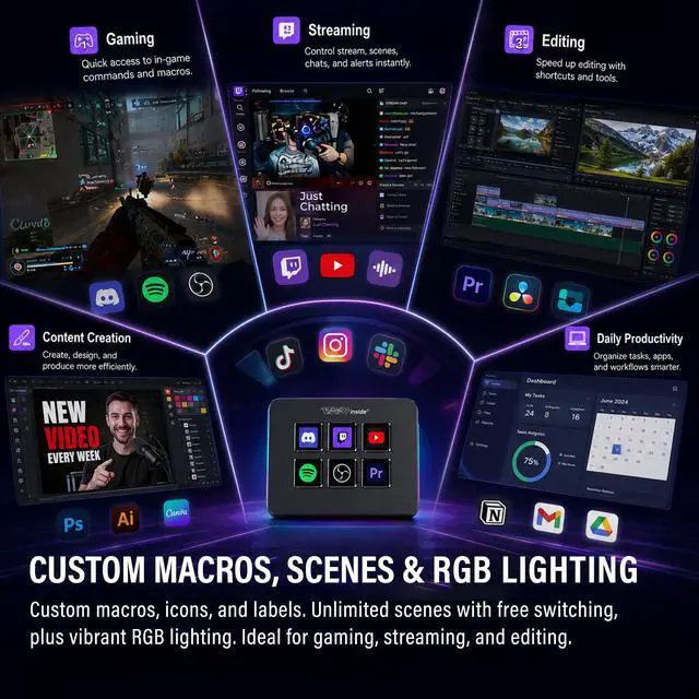 Alt view image 2 of 7 - Mini Stream Controller Deck, Gaming Streaming Macro Pad Keypad, Shortcut Keyboard with 6 Programmable LCD Keys, Customizable Icons & RGB Light, USB Soundboard for Video Editing, OBS, PC, Mac