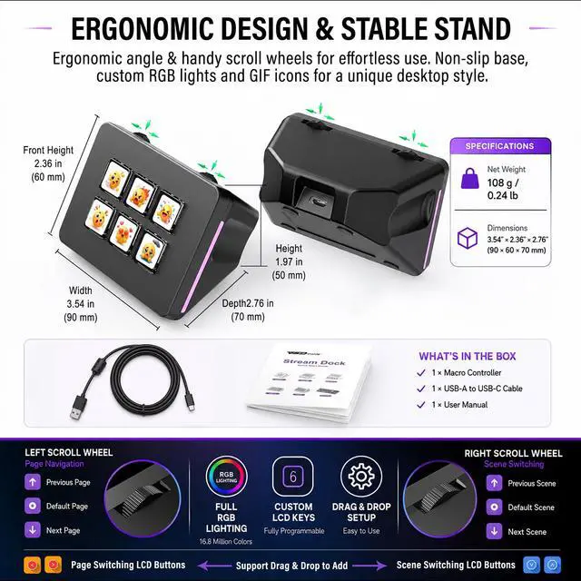 Alt view image 7 of 7 - Mini Stream Controller Deck, Gaming Streaming Macro Pad Keypad, Shortcut Keyboard with 6 Programmable LCD Keys, Customizable Icons & RGB Light, USB Soundboard for Video Editing, OBS, PC, Mac