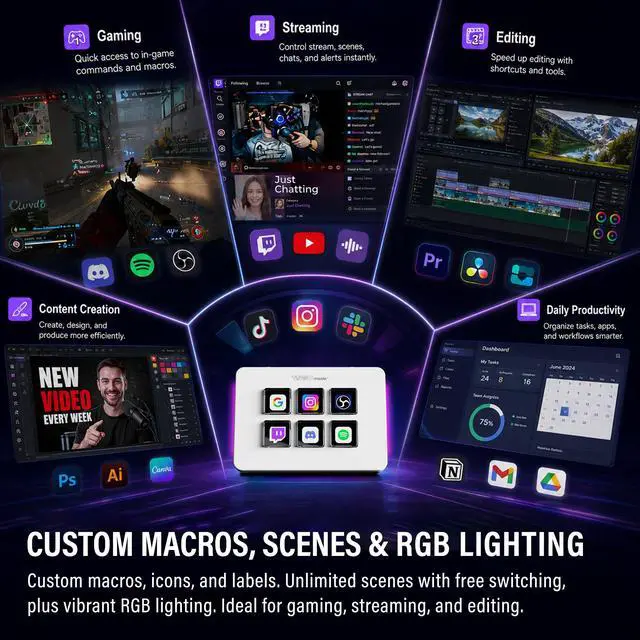 Alt view image 2 of 7 - Mini Stream Controller Deck, Gaming Streaming Macro Pad Keypad, Shortcut Keyboard with 6 Programmable LCD Keys, Customizable Icons & RGB Light, USB Soundboard for Video Editing, OBS, PC, Mac