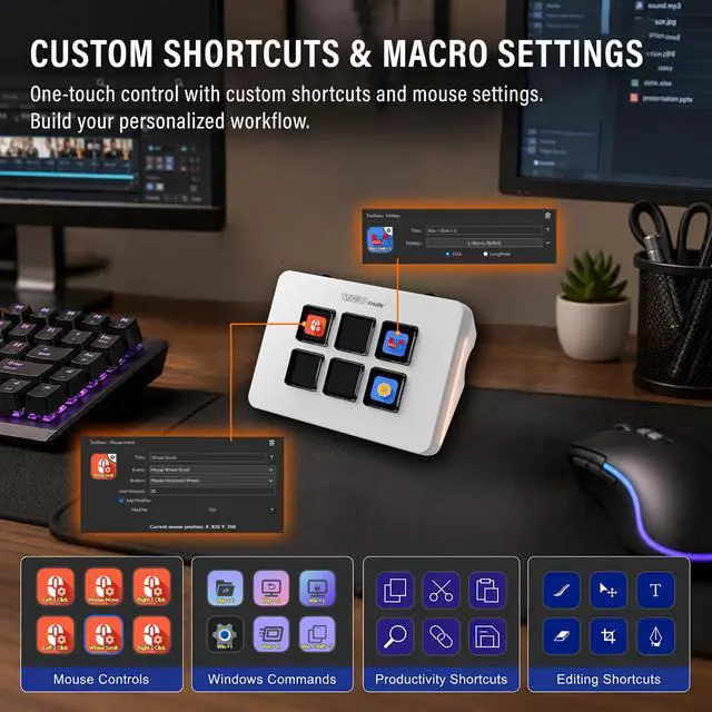 Alt view image 4 of 7 - Mini Stream Controller Deck, Gaming Streaming Macro Pad Keypad, Shortcut Keyboard with 6 Programmable LCD Keys, Customizable Icons & RGB Light, USB Soundboard for Video Editing, OBS, PC, Mac
