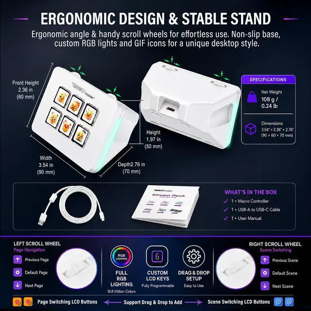 Alt view image 7 of 7 - Mini Stream Controller Deck, Gaming Streaming Macro Pad Keypad, Shortcut Keyboard with 6 Programmable LCD Keys, Customizable Icons & RGB Light, USB Soundboard for Video Editing, OBS, PC, Mac