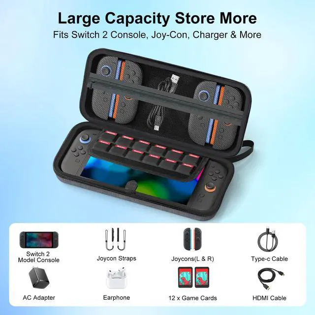 Alt view image 3 of 7 - Switch 2 Carrying Case Compatible with Nintendo Switch 2, Portable Nylon Protector Case with 12 Game Cartridge, Pouch Carrying Protector Travel Bag for Console and Switch2 Accessories, Gray