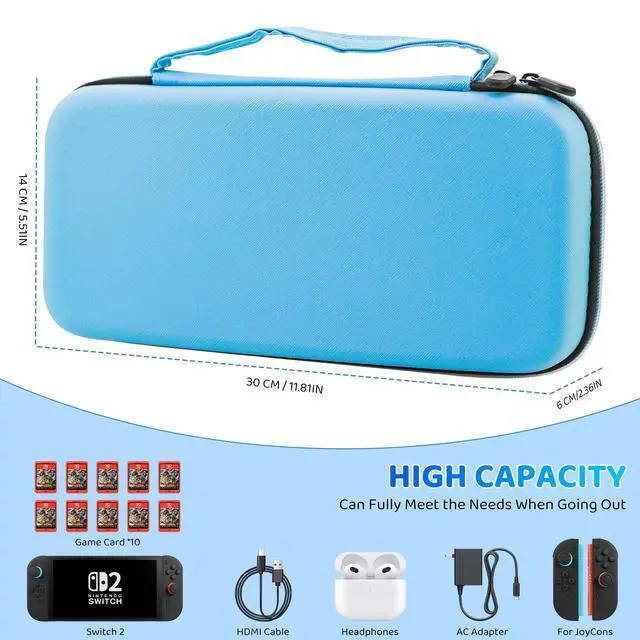 Alt view image 3 of 7 - Blue Carrying Case Compatible with Switch 2(2025), Shockproof Accessories for Switch 2 Console with Slim Portable Storage Travel Bag, Protective Cover, Screen Protector and 2 Cute Thumb Cap