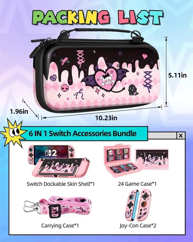 Alt view image 3 of 6 - 6in1 Kits Accessories Bundle for Nintendo Switch 2 2025 - Cute Carrying Case, Protective Cover, Joy Con Grips, Thumb Grips, 24 Game Holder, Shoulder Strap Teens Boys Girls, Skull