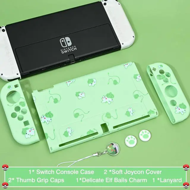 Alt view image 7 of 7 - Dockable Case Design for Switch OLED, Anti-Slip Shock-Absorption Protective Soft Carrying Case and Joy Con Controller with 1 PCS Elf Ball Pendant and 2 PCS Thumb Grip Caps-Green Frog