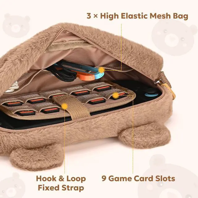 Alt view image 4 of 7 - Switch 2 Case for Switch 2 Model 2025, Switch 2 Carrying Case, Detachable Shoulder Strap & Stickers & Pendant (Brown Bear)