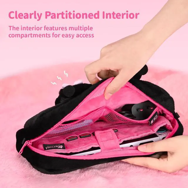 Alt view image 3 of 7 - Fuzzy Crossbody Bag Compatible with Switch 2 (2025), Large Capacity Soft Switch 2 Travel Carrying Case with 2 Removable Shoulder Straps - Black KLM