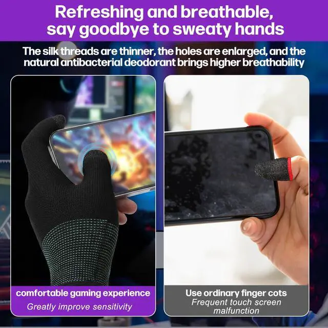 Alt view image 6 of 7 - 2 Pairs Mobile Gaming Gloves, Ultra-Thin Mobile Gaming Gloves Touchscreen Game Finger Sleeves Game Glove for Sweaty Hands Anti-Sweat Finger Sleeve Breathable for Phone Tablet Players Streamer