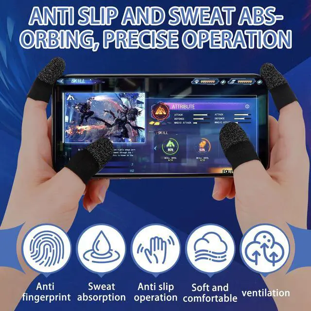 Alt view image 4 of 7 - 8 Pcs Thumb Game Gloves with Finger Sleeves, Silver Fibers Breathable Sweatproof Touch Screen Mobile Finger Covers for Daily Entertainment & Professional Game Competitions with All Touchscreen Devices