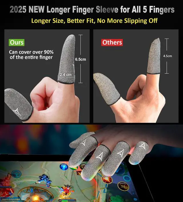 Alt view image 2 of 7 - Longer Size for 5 Fingers, No More Slipping,Professional Pure Silver Fiber Finger Sleeves for Mobile Gaming Maximum Touch Sensitivity, Anti-Sweat,6 Pack (M)