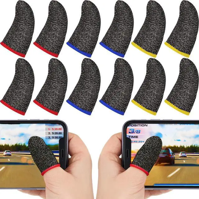 Main image of 30 Piece Finger Sleeve for Gaming Mobile Game Controller Finger Thumb Sleeve Anti Sweat Breathable Seamless Touchscreen Cover Silver Fiber for Phone Game(Red Brim, Yellow Brim, Blue Brim)