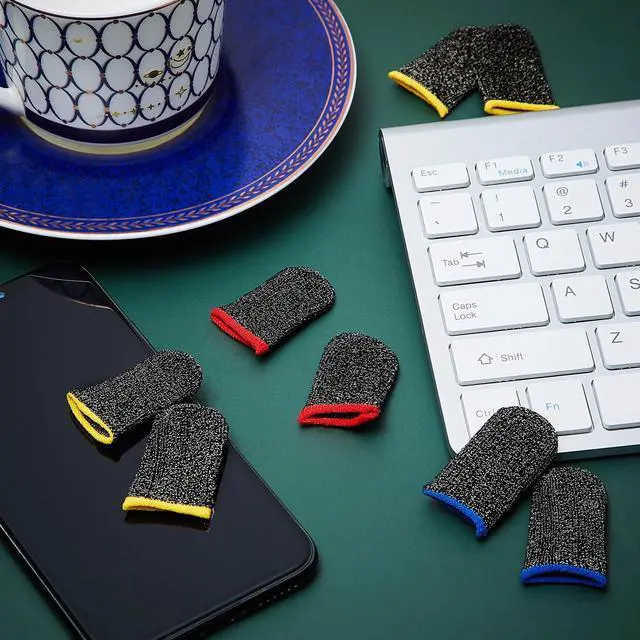 Alt view image 5 of 7 - 30 Piece Finger Sleeve for Gaming Mobile Game Controller Finger Thumb Sleeve Anti Sweat Breathable Seamless Touchscreen Cover Silver Fiber for Phone Game(Red Brim, Yellow Brim, Blue Brim)