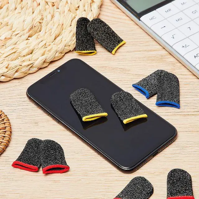 Alt view image 6 of 7 - 30 Piece Finger Sleeve for Gaming Mobile Game Controller Finger Thumb Sleeve Anti Sweat Breathable Seamless Touchscreen Cover Silver Fiber for Phone Game(Red Brim, Yellow Brim, Blue Brim)