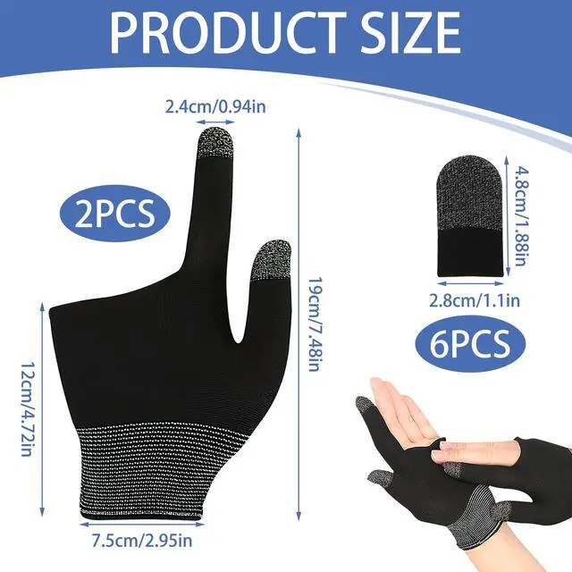 Alt view image 3 of 7 - 8 Pcs Thumb Game Gloves with Finger Sleeves, Silver Fibers Breathable Sweatproof Touch Screen Mobile Finger Covers for Daily Entertainment & Professional Game Competitions with All Touchscreen Devices