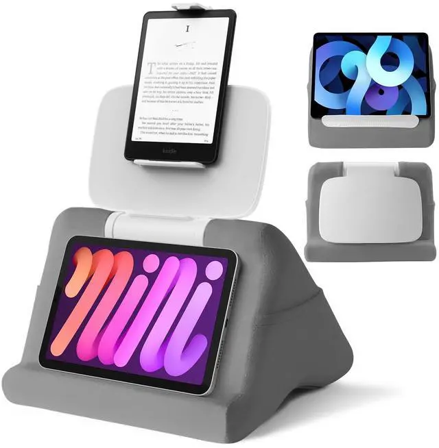 Main image of Tablet Pillow Stand - iPad mini Kindle Holder for Lap in Bed, with Lifter & Angle Adjustable Multi-Function Clip for 4-13" Tablets, Grey