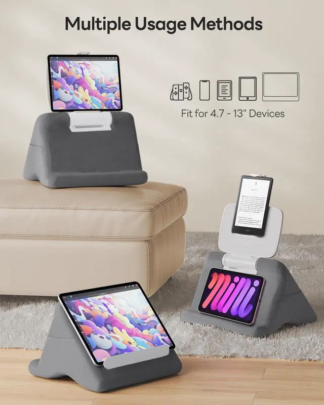 Alt view image 2 of 7 - Tablet Pillow Stand - iPad mini Kindle Holder for Lap in Bed, with Lifter & Angle Adjustable Multi-Function Clip for 4-13" Tablets, Grey