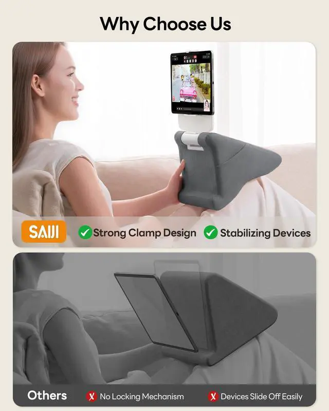 Alt view image 3 of 7 - Tablet Pillow Stand - iPad mini Kindle Holder for Lap in Bed, with Lifter & Angle Adjustable Multi-Function Clip for 4-13" Tablets, Grey