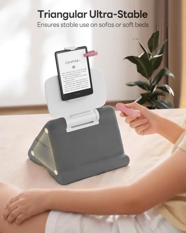 Alt view image 4 of 7 - Tablet Pillow Stand - iPad mini Kindle Holder for Lap in Bed, with Lifter & Angle Adjustable Multi-Function Clip for 4-13" Tablets, Grey