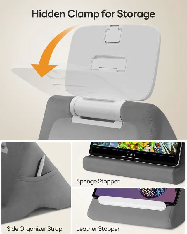 Alt view image 6 of 7 - Tablet Pillow Stand - iPad mini Kindle Holder for Lap in Bed, with Lifter & Angle Adjustable Multi-Function Clip for 4-13" Tablets, Grey