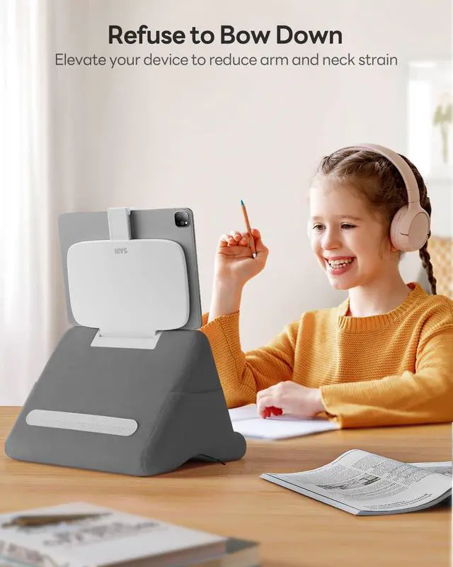 Alt view image 5 of 7 - Tablet Pillow Stand - iPad mini Kindle Holder for Lap in Bed, with Lifter & Angle Adjustable Multi-Function Clip for 4-13" Tablets, Grey