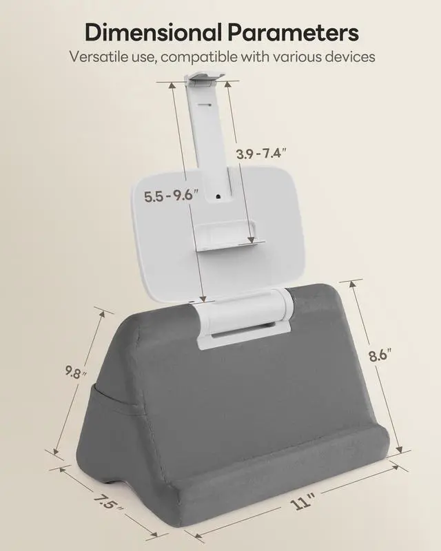 Alt view image 7 of 7 - Tablet Pillow Stand - iPad mini Kindle Holder for Lap in Bed, with Lifter & Angle Adjustable Multi-Function Clip for 4-13" Tablets, Grey