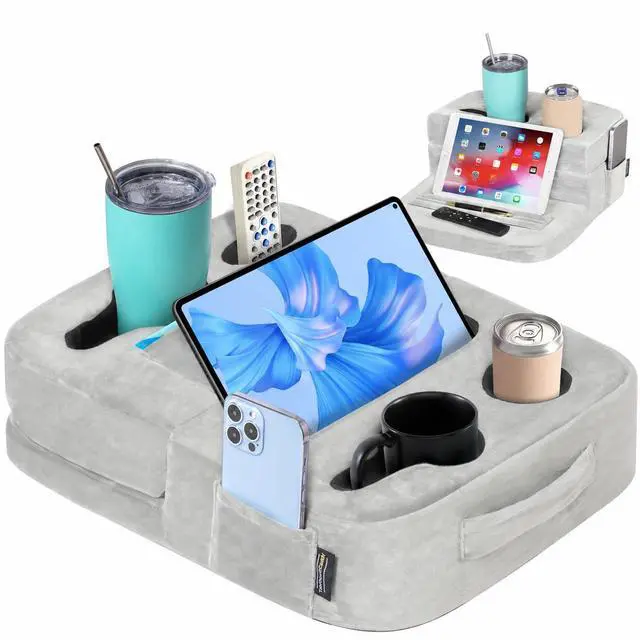 Main image of Couch Cup Holder Tray Pillow - Bed, Couch Caddy, Sofa, RV & Car - Holds Drinks, Snacks, Remotes, Phones, Kindle, Tablet | Bed Cup Holder (Grey)