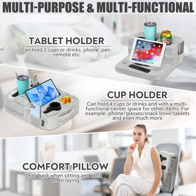 Alt view image 3 of 6 - Couch Cup Holder Tray Pillow - Bed, Couch Caddy, Sofa, RV & Car - Holds Drinks, Snacks, Remotes, Phones, Kindle, Tablet | Bed Cup Holder (Grey)