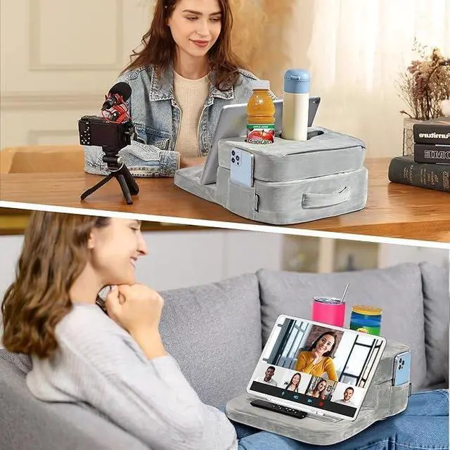 Alt view image 6 of 6 - Couch Cup Holder Tray Pillow - Bed, Couch Caddy, Sofa, RV & Car - Holds Drinks, Snacks, Remotes, Phones, Kindle, Tablet | Bed Cup Holder (Grey)