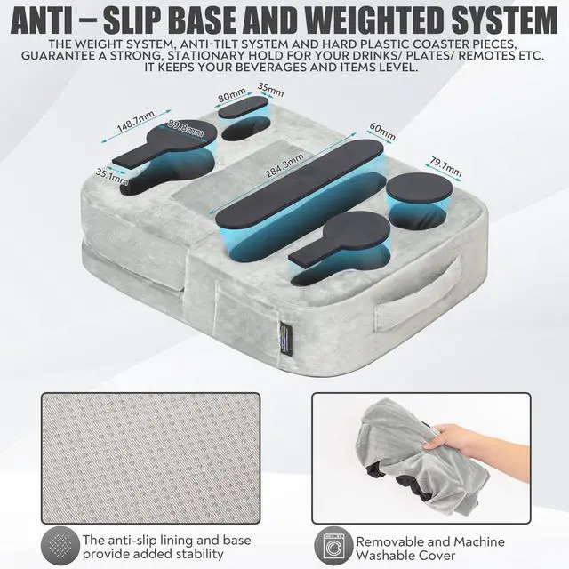 Alt view image 5 of 6 - Couch Cup Holder Tray Pillow - Bed, Couch Caddy, Sofa, RV & Car - Holds Drinks, Snacks, Remotes, Phones, Kindle, Tablet | Bed Cup Holder (Grey)