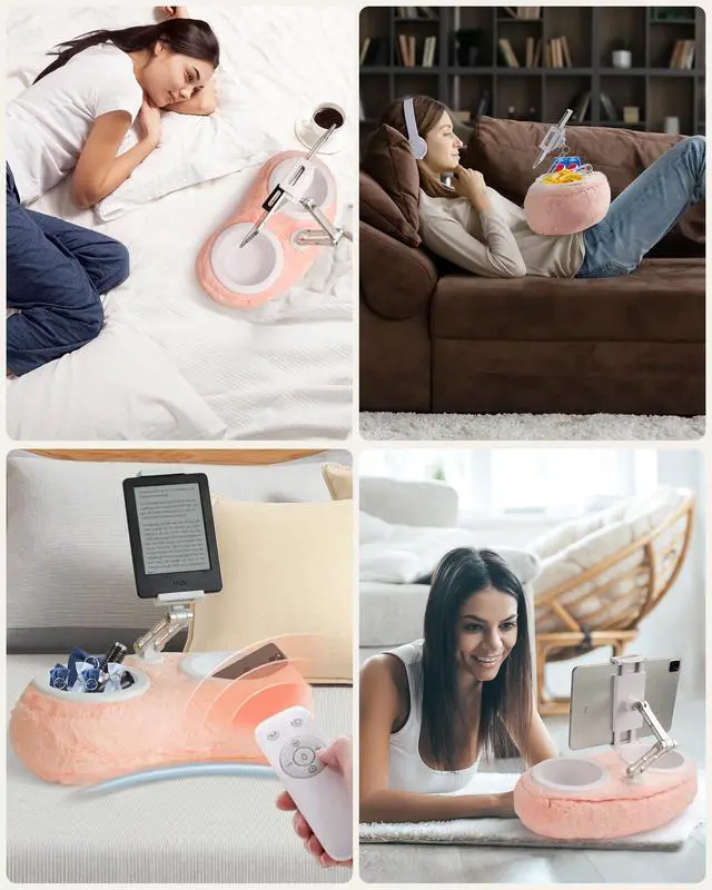 Alt view image 2 of 6 - Lap Kindle Pillow Stand,Adjustable Aluminum Arm iPad Holder with Dual Snack Bowls,360° Rotating Clip for 4.7-13" Kindle,Phone,Tablet.Ideal for Hands-Free Reading and Relaxation on Bed & Sofa