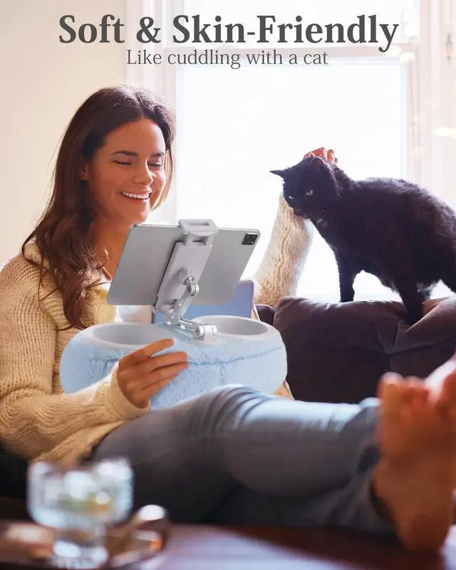 Alt view image 5 of 6 - Lap Kindle Pillow Stand,Adjustable Aluminum Arm iPad Holder with Dual Snack Bowls,360° Rotating Clip for 4.7-13" Kindle,Phone,Tablet.Ideal for Hands-Free Reading and Relaxation on Bed & Sofa