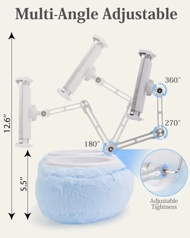 Alt view image 4 of 6 - Lap Kindle Pillow Stand,Adjustable Aluminum Arm iPad Holder with Dual Snack Bowls,360° Rotating Clip for 4.7-13" Kindle,Phone,Tablet.Ideal for Hands-Free Reading and Relaxation on Bed & Sofa