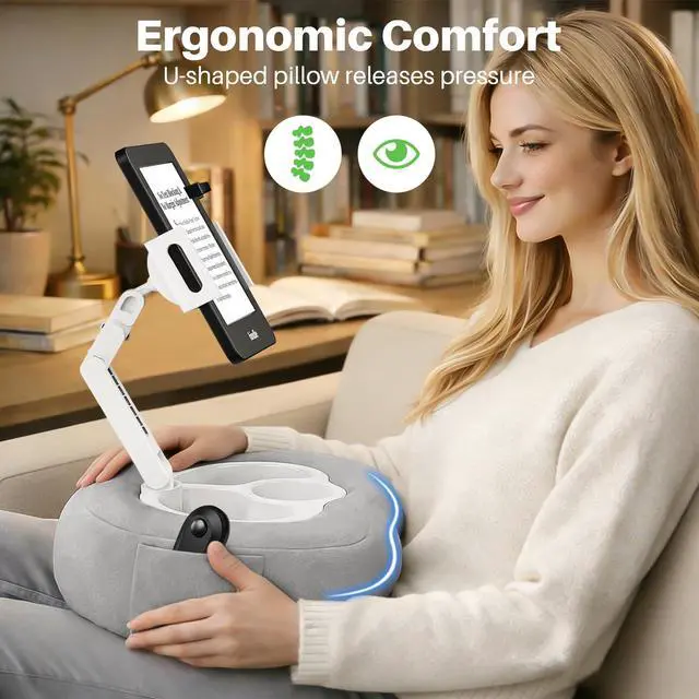 Alt view image 2 of 7 - Kindle Pillow Stand with Wireless Page Turner, Kindle Holder for Bed with Storage Tray, Adjustable Tablet Pillow Stand for Hands-Free Reading, Fits Kindle & Tablets 4.711", Reading Accessories Gift