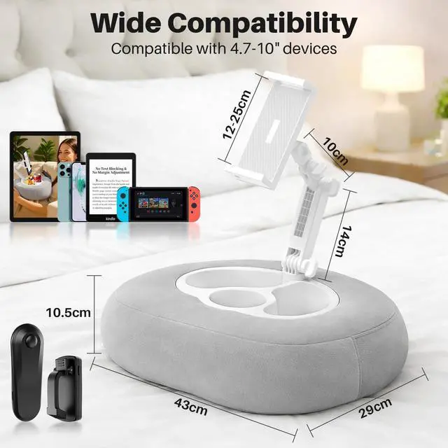 Alt view image 4 of 7 - Kindle Pillow Stand with Wireless Page Turner, Kindle Holder for Bed with Storage Tray, Adjustable Tablet Pillow Stand for Hands-Free Reading, Fits Kindle & Tablets 4.711", Reading Accessories Gift