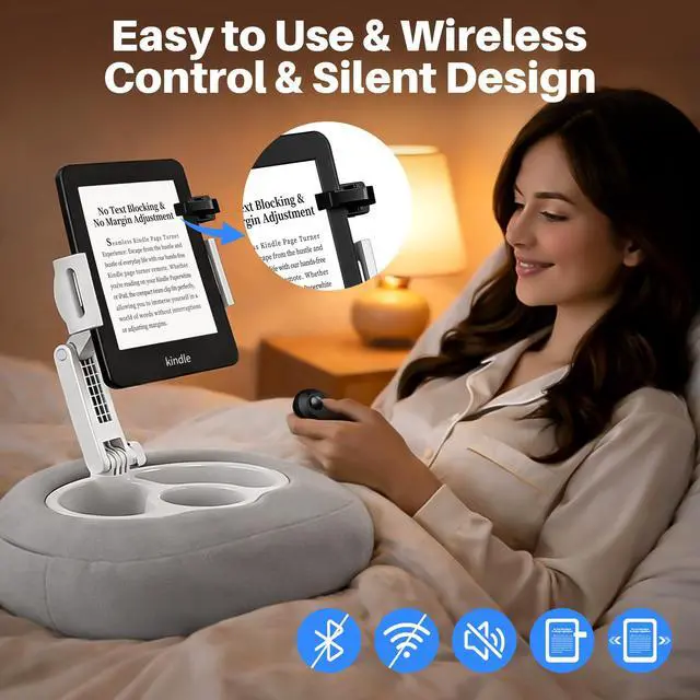 Alt view image 5 of 7 - Kindle Pillow Stand with Wireless Page Turner, Kindle Holder for Bed with Storage Tray, Adjustable Tablet Pillow Stand for Hands-Free Reading, Fits Kindle & Tablets 4.711", Reading Accessories Gift