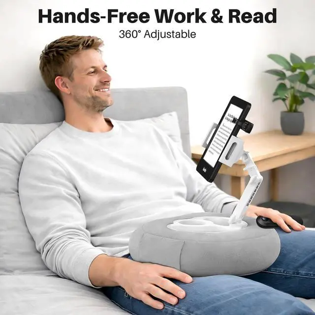 Alt view image 6 of 7 - Kindle Pillow Stand with Wireless Page Turner, Kindle Holder for Bed with Storage Tray, Adjustable Tablet Pillow Stand for Hands-Free Reading, Fits Kindle & Tablets 4.711", Reading Accessories Gift