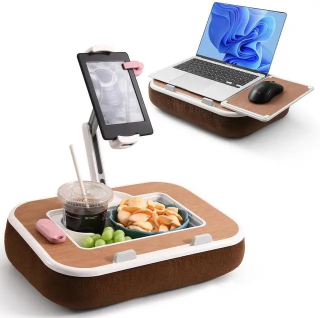 Main image of Tablet Pillow Stand with Snack Bowl, 360° Rotating Laptop Lap Desk for 4.7-13" Kindle/Tablet/Phone, 11-15" Laptop, Pillow Kindle Holder for Hands-Free Reading in Bed, Couch,Floor -Brown
