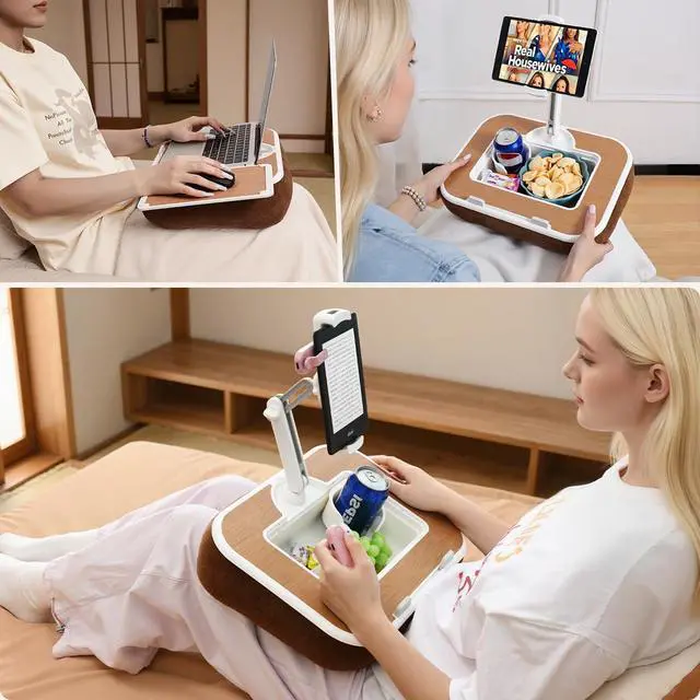 Alt view image 2 of 7 - Tablet Pillow Stand with Snack Bowl, 360° Rotating Laptop Lap Desk for 4.7-13" Kindle/Tablet/Phone, 11-15" Laptop, Pillow Kindle Holder for Hands-Free Reading in Bed, Couch,Floor -Brown