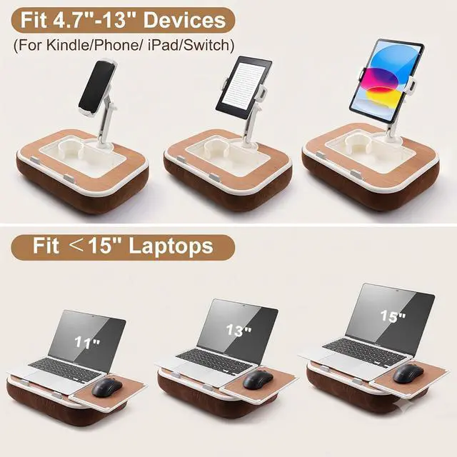 Alt view image 3 of 7 - Tablet Pillow Stand with Snack Bowl, 360° Rotating Laptop Lap Desk for 4.7-13" Kindle/Tablet/Phone, 11-15" Laptop, Pillow Kindle Holder for Hands-Free Reading in Bed, Couch,Floor -Brown