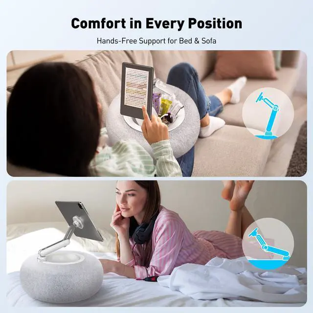Alt view image 2 of 7 - Kindle Pillow Stand, Magnetic iPad Holder for Bed with Snack Bowl, 360° Adjustable Soft Tablet Lap Pillow for Reading, Compatible with Kindle, Tablet, Phone, Ideal Cozy Gift for Family(Gray)