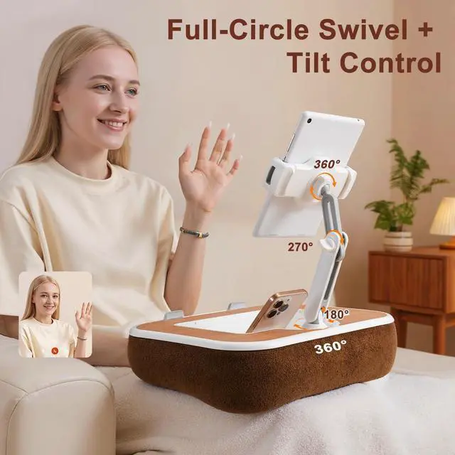 Alt view image 6 of 7 - Tablet Pillow Stand with Snack Bowl, 360° Rotating Laptop Lap Desk for 4.7-13" Kindle/Tablet/Phone, 11-15" Laptop, Pillow Kindle Holder for Hands-Free Reading in Bed, Couch,Floor -Brown